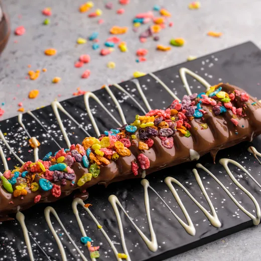 Chocolate waffle stick with cereal crunch